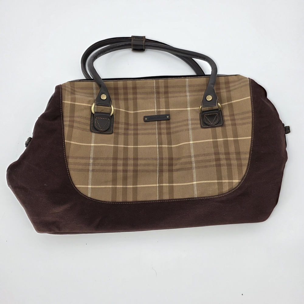Vintage Eddie Bauer Carry on Weekend Bag Luggage Tartan Plaid Canvas Leather $$$